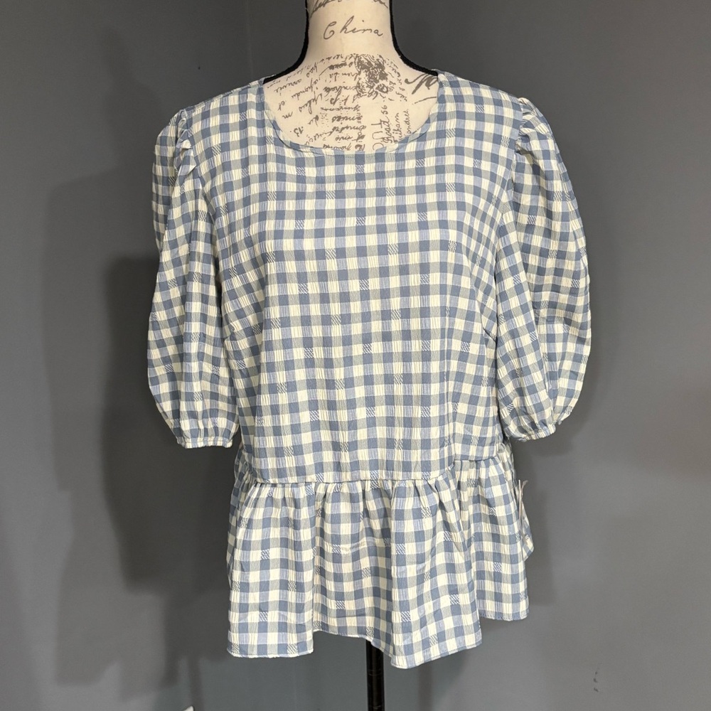 Nanette Lepore Blue and Cream Checkered Blouse